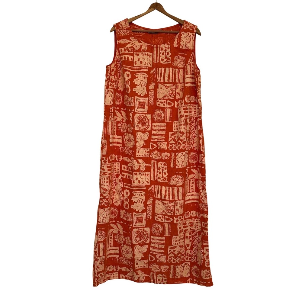 Ivy Woman Orange Tribal Print 100% Linen Maxi Shift Dress Artsy Lagenlook 1X USA